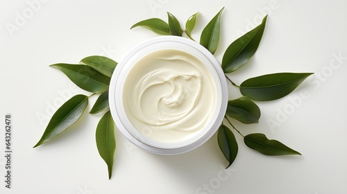 Natural organic cream jar with green leaves on white background. Cosmetic products for skin care and makeup. Illustration for banner, poster, cover, brochure, advertising, marketing or presentation. photo
