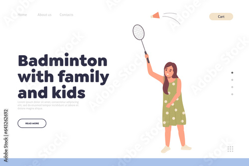 Flat landing page design template offering playing badminton game match for family and kids