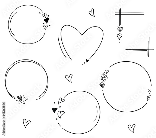 Set of doodle hand drawn frames with hearts. Line art. Vector illustrations. 