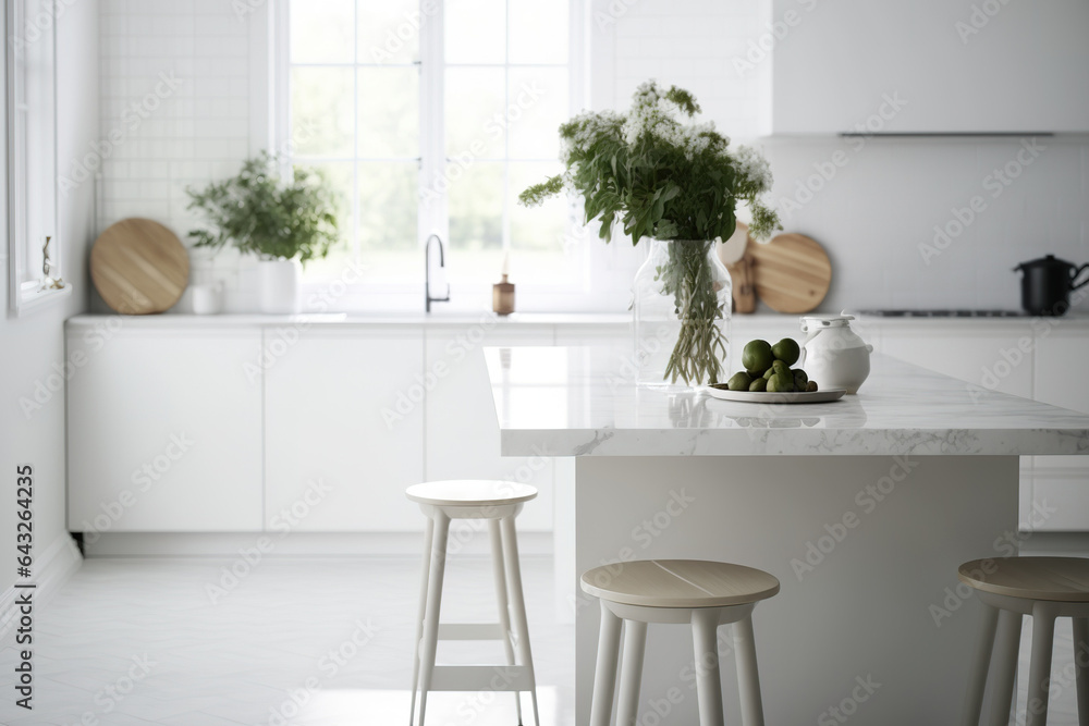 Over a blurred modern white kitchen with island and chairs, marble tile floor, and minimalist interior design, a wooden tabletop or shelf with contemporary vases,. Generative AI Over a blurred modern white kitchen with island and chairs, marble tile floor, and minimalist interior design, a wooden tabletop or shelf with contemporary vases,. Generative AI