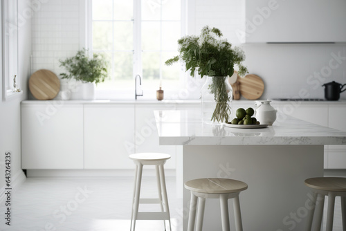 Over a blurred modern white kitchen with island and chairs  marble tile floor  and minimalist interior design  a wooden tabletop or shelf with contemporary vases . Generative AI