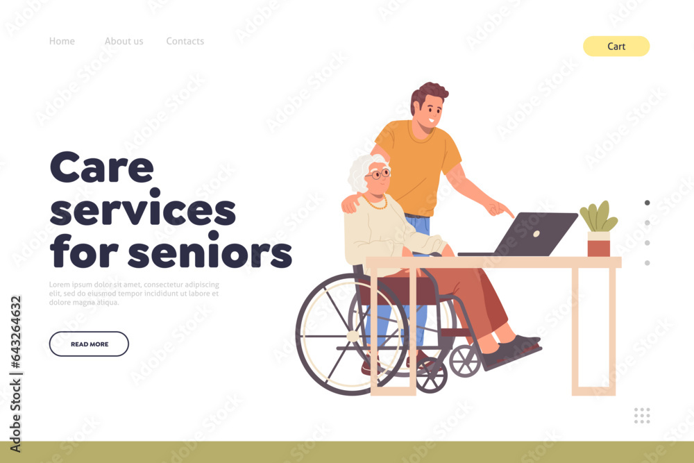 Care service for pensioner online company landing page design template offering professional help