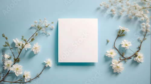 empty white paper with flowers decoration on blue background