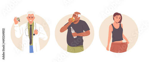Isolated set of round icon composition of patient with diabetic disorder symptom and doctor