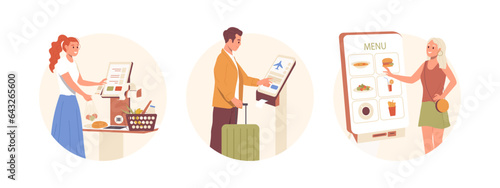 Set of composition with people customer using public interactive panel of self-service terminal
