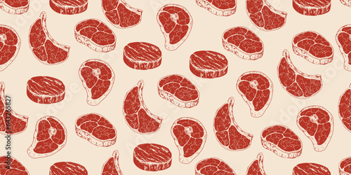 Seamless pattern with steaks. Raw red meat. Sketch style steak. Hand drawn T-Bone, Ribeye beef steak. Beef medallion. Vintage engraving. Butcher shop product. Background with steaks for menu