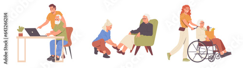 Care for pensioner set with people nurses, caregivers and volunteers help elderly men and women
