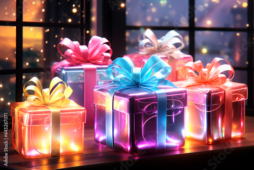 Rainbow neon gift boxes with bow on the background of bokeh effect. Generative AI
