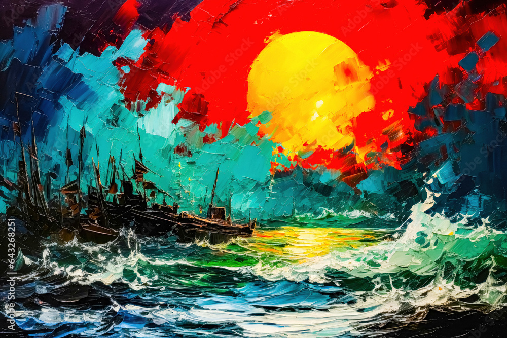 Abstract impressionistic painting of a sea and coast using red, blue, yellow, and green, with the texture of palette knife strokes, highlighted with dark cyan and white. Abstract impressionistic painting of a sea and coast using red, blue, yellow, and green, with the texture of palette knife strokes, highlighted with dark cyan and white.
