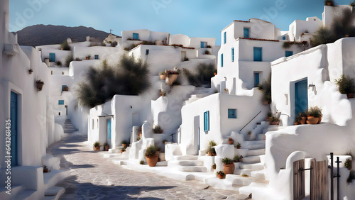 painting of a sunlit traditional greek village street with ancient white houses in summer sunlight