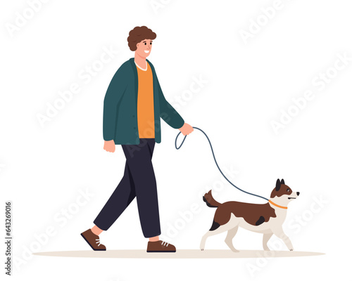Young man walking with dog. Guy with cute dog on leash. Pet and owner spending time together and enjoy outdoor activity, healthy lifestyle. Vector flat illustration isolated on white background.