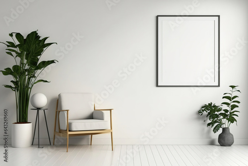 White-planked floor in a minimalist room with a mid-century armchair  indoor plants  and an empty frame mockup leaning against the wall. can be used for wallpaper mockups  art  prints  and photography