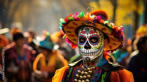 A vibrant and colorful Day of the Dead procession with participants wearing skull masks and costumes, Day of the Dead, skull