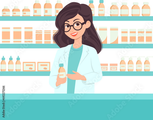 Female pharmacist behind the counter with shelves with medicines on background. Vector illustration