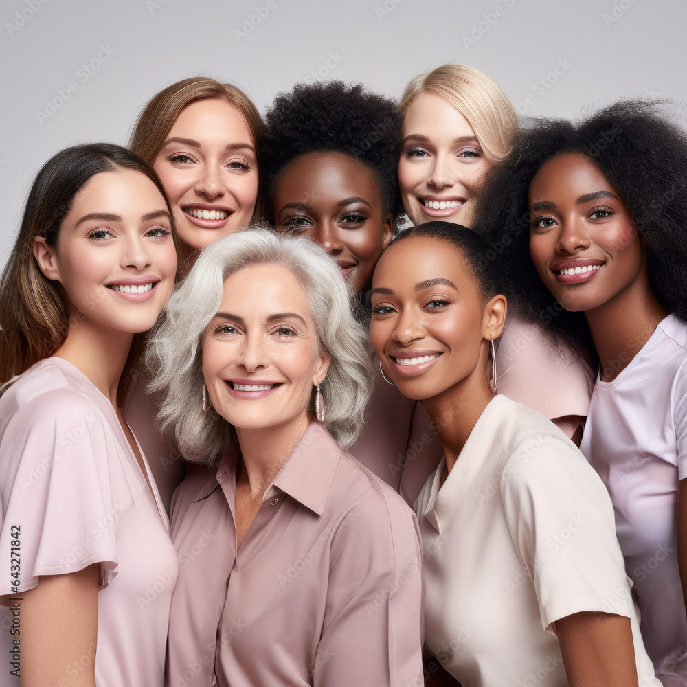 Beauty and unity, this diverse group of beautiful women of all skin tones and races together posing in the skin care ad campaign. A multiracial diverse group of women, inclusivity body positivity. Beauty and unity, this diverse group of beautiful women of all skin tones and races together posing in the skin care ad campaign. A multiracial diverse group of women, inclusivity body positivity.