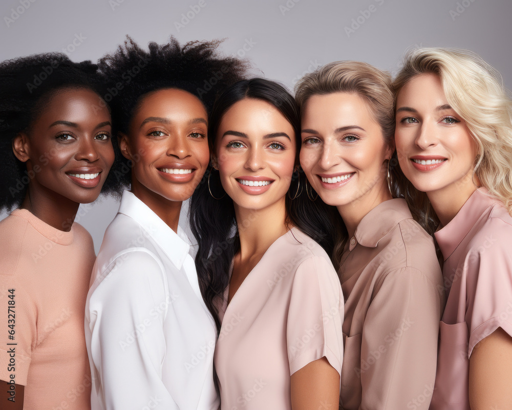 Beauty and unity, this diverse group of beautiful women of all skin tones and races together posing in the skin care ad campaign. A multiracial diverse group of women, inclusivity body positivity. Beauty and unity, this diverse group of beautiful women of all skin tones and races together posing in the skin care ad campaign. A multiracial diverse group of women, inclusivity body positivity.