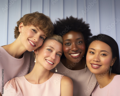 Beauty and unity, this diverse group of beautiful women of all skin tones and races together posing in the skin care ad campaign. A multiracial diverse group of women, inclusivity body positivity. 