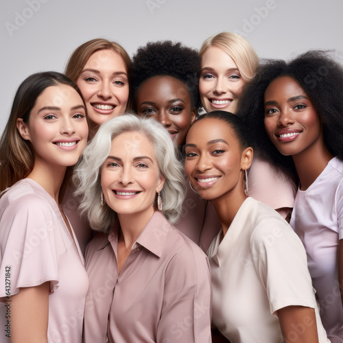 Beauty and unity, this diverse group of beautiful women of all skin tones and races together posing in the skin care ad campaign. A multiracial diverse group of women, inclusivity body positivity. 