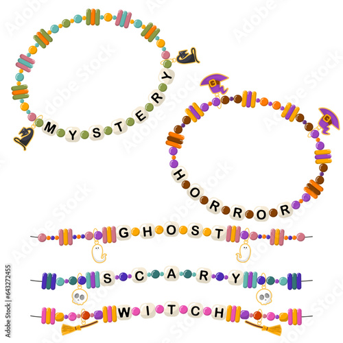 Happy Halloween collection of jewelry and children's ornaments. Set of bright colorful braided bracelets made of handmade plastic beads with words from the letters mystery, horror, ghost, scary, witch