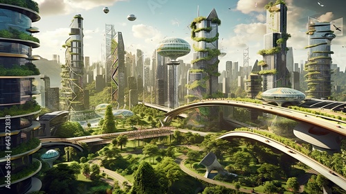 an futuristic city with lots of green plants on the roof and trees growing in the middle, surrounded by skyscrapers