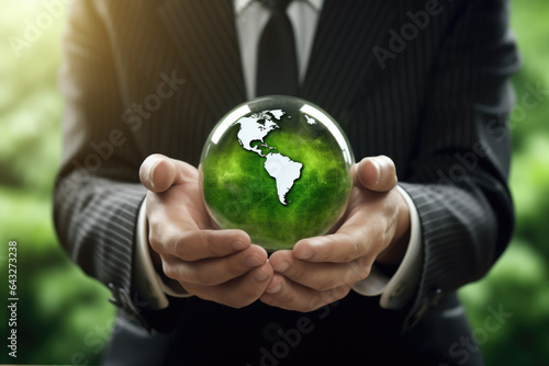 Man in suit holding green globe. Suitable for environmental, sustainability, and business concepts.