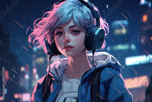 Picture of girl standing in rain while wearing headphones. This image can be used to depict solitude, contemplation, or enjoyment of music in rainy setting.