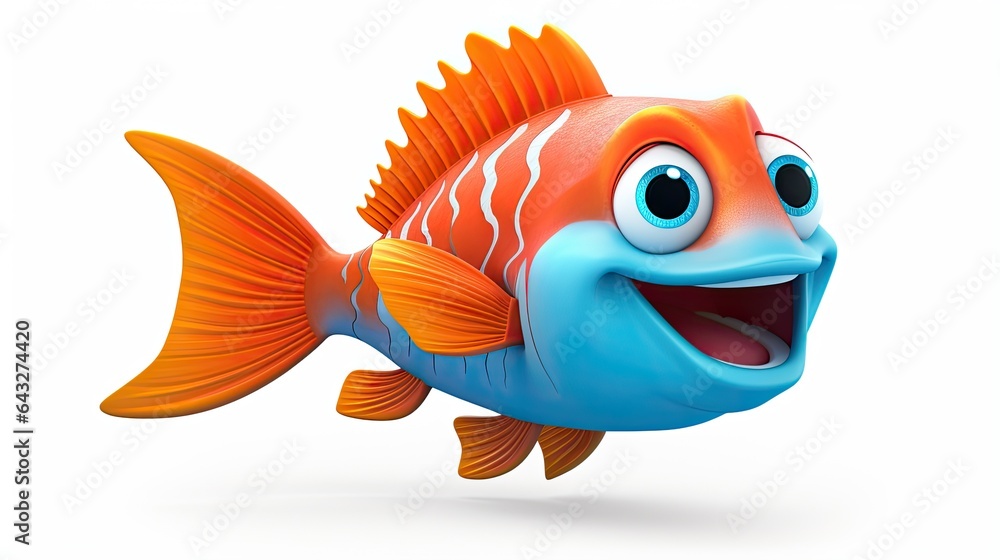 3d cartoon cute fish orange blue isolated on white background
