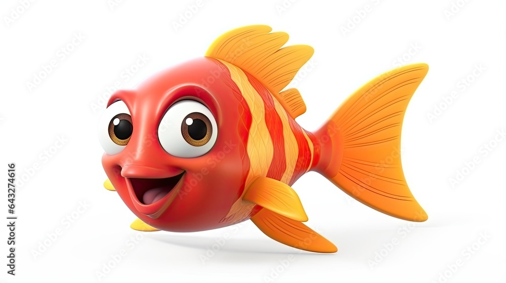 3d cartoon cute fish orange blue isolated on white background