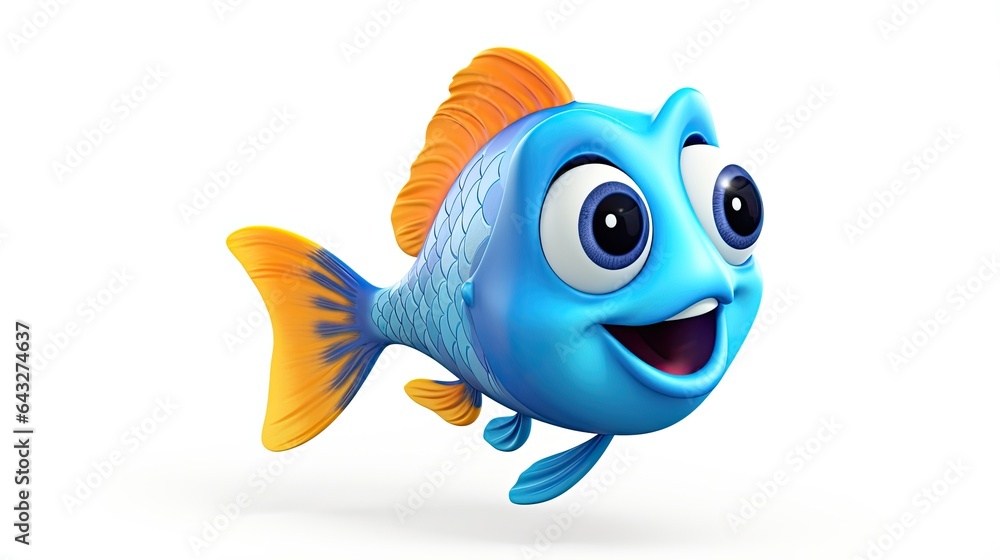 3d cartoon cute fish orange blue isolated on white background
