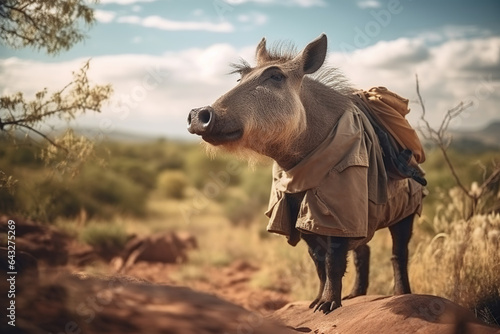  happy warthog wearing travel clothes on vacation  photo