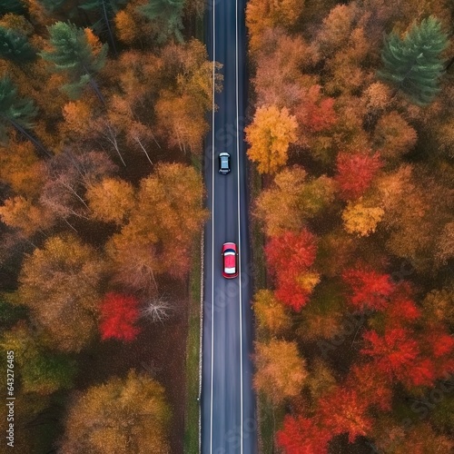 a car driving down a road in the middle of an autumn forest with red, orange and yellow trees on both sides