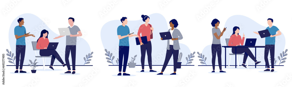 People in office working collection - Set of vector illustrations with businesspeople using laptop computers, talking and doing work together. Flat design with white background People in office working collection - Set of vector illustrations with businesspeople using laptop computers, talking and doing work together. Flat design with white background