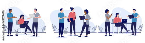 People in office working collection - Set of vector illustrations with businesspeople using laptop computers, talking and doing work together. Flat design with white background