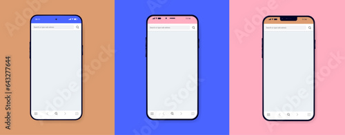Phones with empty web browser collection - Set of unbranded smartphones with blank screen on coloured background. Flat design top view vector illustration