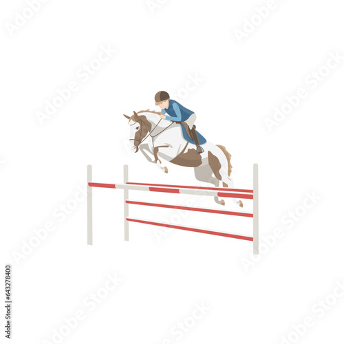 Young athlete on a piebald pony jumps over an obstacle