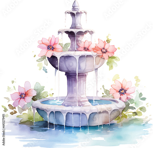 A watercolor illustration of a fountain surrounded with flowers