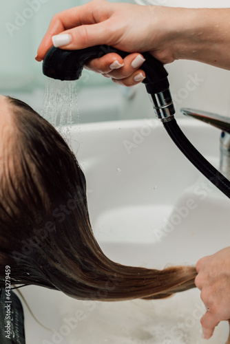 A hairdresser washes a blonde's hair in a beauty salon. Hair care and treatment