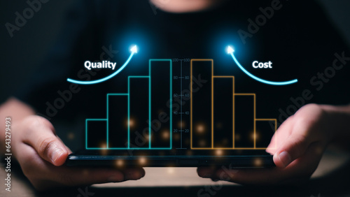 Quality and cost optimization for products or services to improve customer satisfaction and enhance company performance. Successful corporate strategy and management. Efficiency business goals.