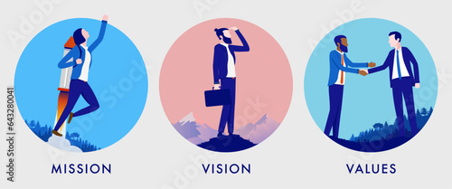 Business mission vision and values vector - Set of illustrations with core values metaphors in round frames. Flat design