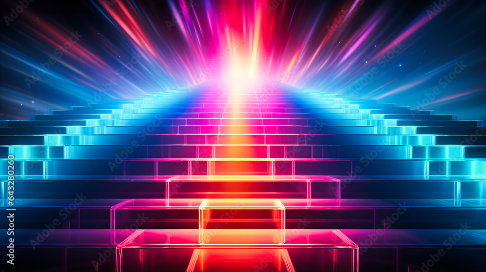 Neon ladder ascending to luminescent heights - obrazy, fototapety, plakaty 