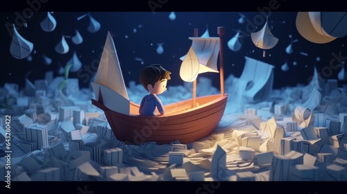 Child sitting paper made Boat pictures AI Generated