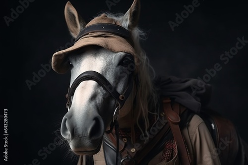 Photo portrait of happy horse wearing travel clothes