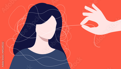 Psycho therapy woman - Vector illustration of female person getting help and treatment for mental health problem and issues. Flat design with red background