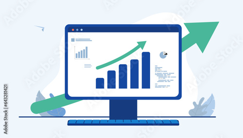 Rising chart on computer screen - Vector illustration of desktop with diagram and green arrow pointing up. Flat design