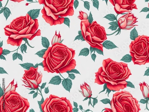 Seamless pattern with pale roses and red flowers on white background   © Fantasy24