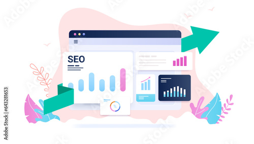Search engine optimisation - SEO illustration with browser window with rising chart and green arrow pointing upwards. Decorative semi flat vector design