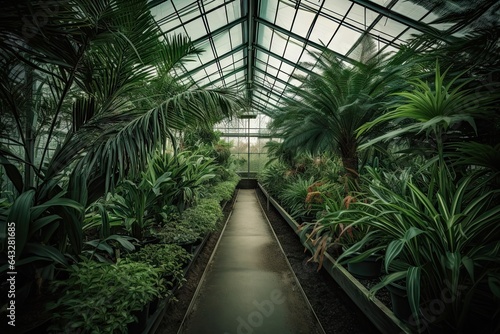 the inside of a greenhouse with lots of green plants and trees in the middle part of the walkway leading up to the top floor © Golib Tolibov