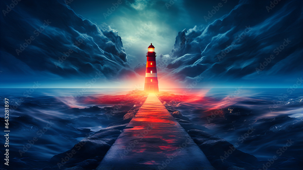 Neon lighthouse beacon guiding through a glowing fog - obrazy, fototapety, plakaty 