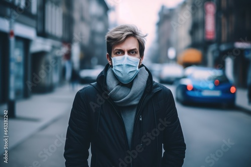 Man in medical mask walks down street of city
