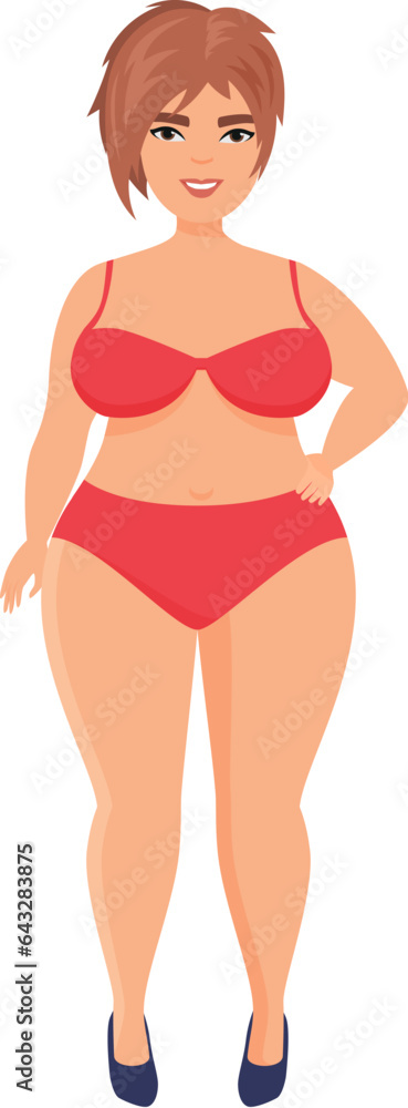 Plus size woman in swimming bikini. Summer fashion for overweight women cartoon vector illustration Plus size woman in swimming bikini. Summer fashion for overweight women cartoon vector illustration